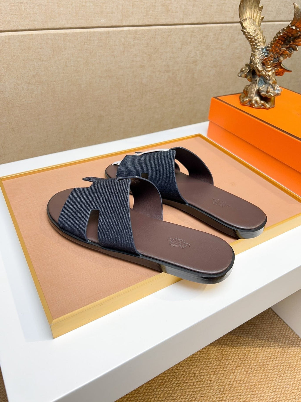 Hermès Dark Navy Blue H-Strap Slide Sandals